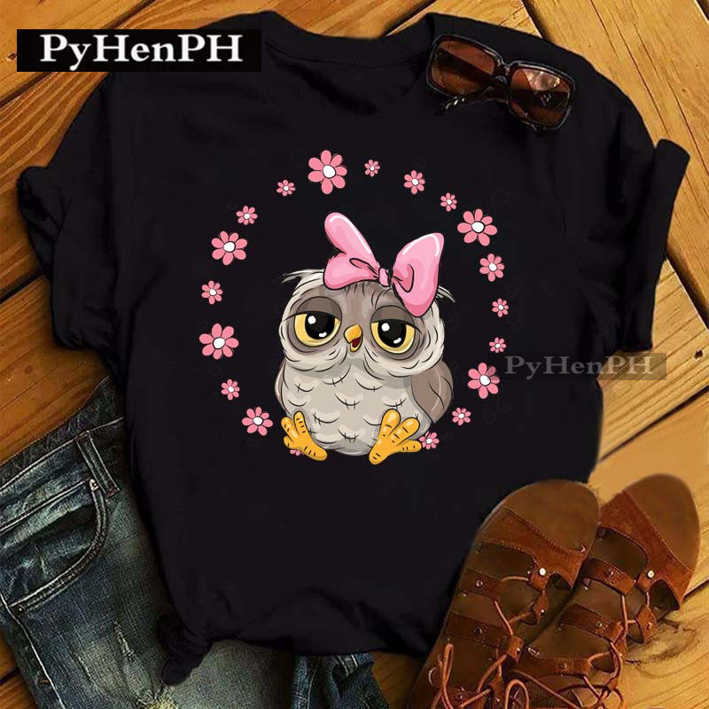 Cute Owl Black T Shirt 卡通猫头鹰印花女士圆领T恤衫百搭夏季 - 图0