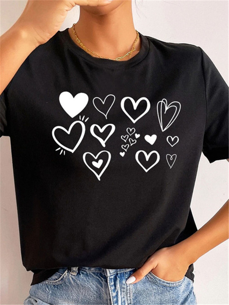 Heart T shirt 夏季黑色短袖女士爱心印花休闲百搭T恤韩版上衣服