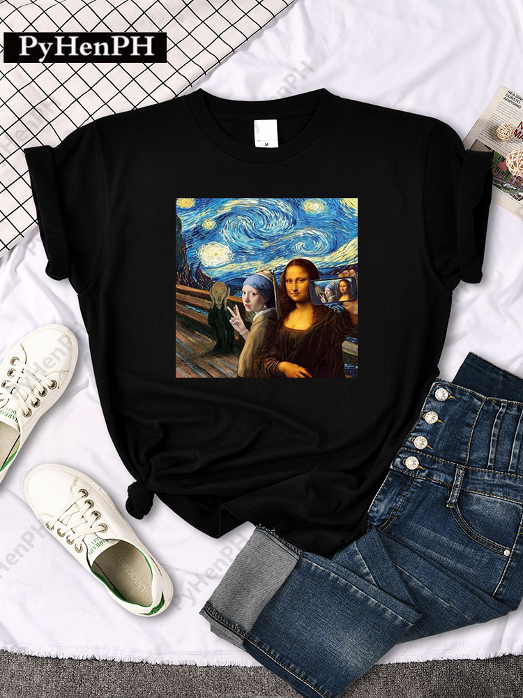 Van Gogh Cat T shirt 恶搞梵高油画猫咪图案T恤短袖夏季宽松上衣 - 图2