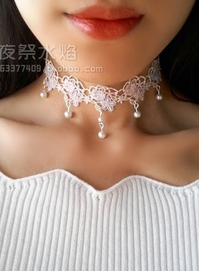 『花溪月』日韩多彩镂空花朵蕾丝唯美珍珠lolita时尚气质女颈项链