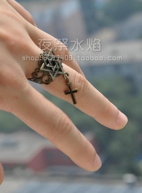 欧美风镂空十字架六芒星恶魔戒子