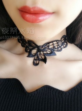 『雨夜梦』哥特简约性感显瘦黑色镂空花纹遮疤痕颈纹蕾丝宽项链