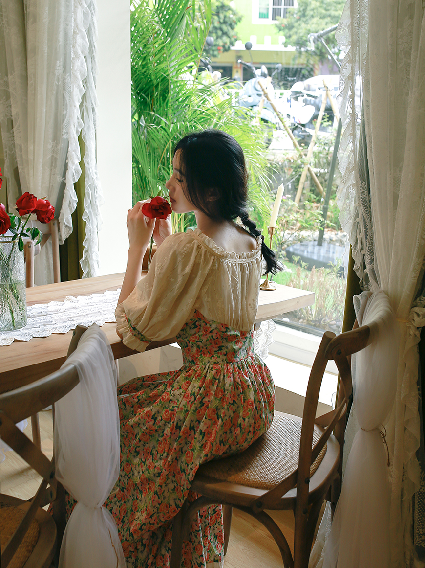 拾光裁缝 静致 法式复古油画碎花少女感连衣裙假两件显高纯棉新品 - 图2