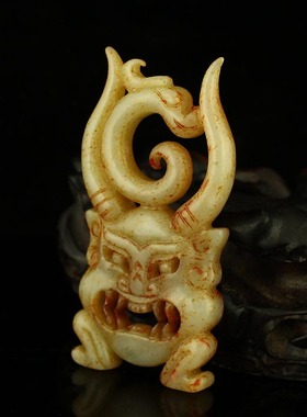 一口价天然新疆和田玉古玉老玉精工雕刻把件 兽面 送证书包邮