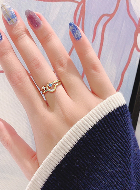 星辰超精致蓝钻双层叠戴月亮戒指