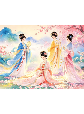 桃花下的仙女画客厅卧室床头背景古风美女贴纸海报防水自粘贴中式