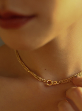 多层金属锁骨链女原创choker项链14k包金颈链轻奢ins风饰品保色