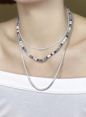 天然石串珠项链新中式复古叠戴颈链小众淡水珍珠锁骨链不掉色