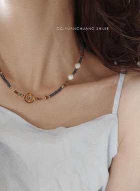 新中式复古串珠项链天然珍珠原创小众颈链美拉德饰品短款锁骨链