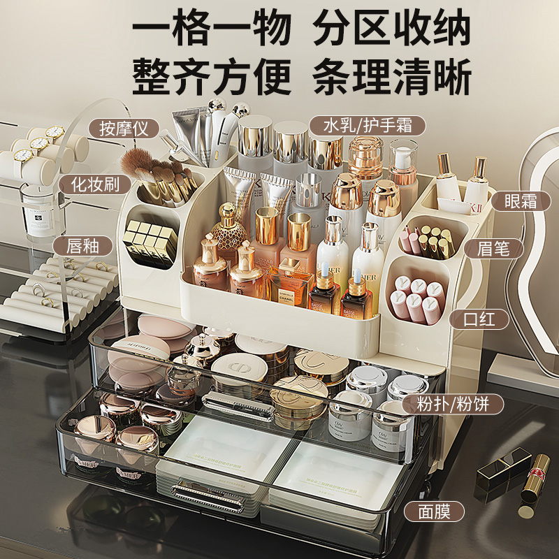 化妆品收纳盒桌面高级感护肤品口红香水分格整理盒梳妆台置物架子 - 图3
