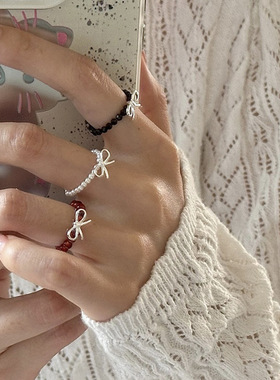 可爱甜美手作纯银戒指s925纯银红玛瑙银珠蝴蝶结串珠百搭手工指环