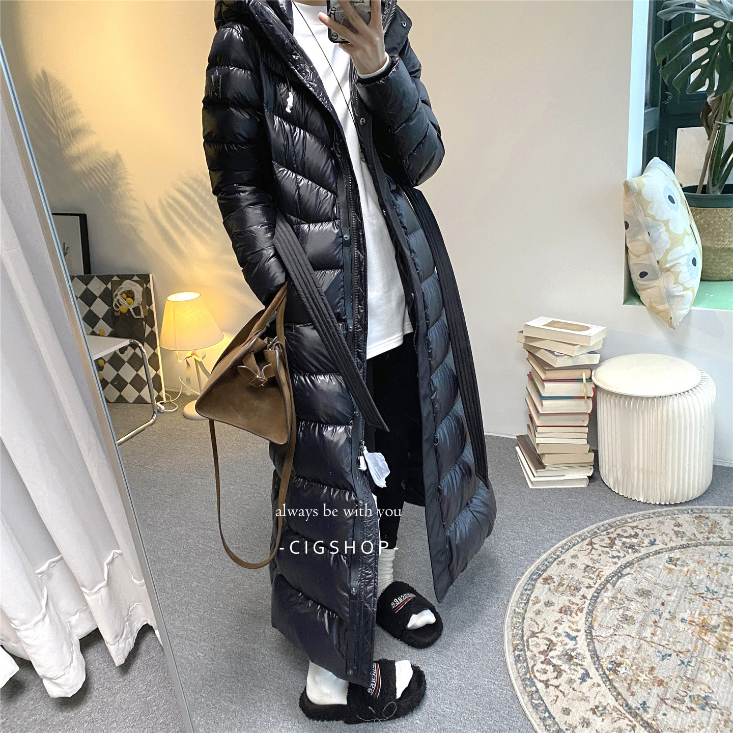 排骨精 女士超长鸭绒-15保暖带帽腰带修身显瘦羽绒服大衣外套女 - 图1