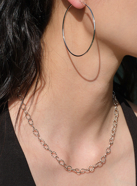 LLab 通体s925 椭圆圈圈锤纹肌理感项链进口纯银素链锁骨链