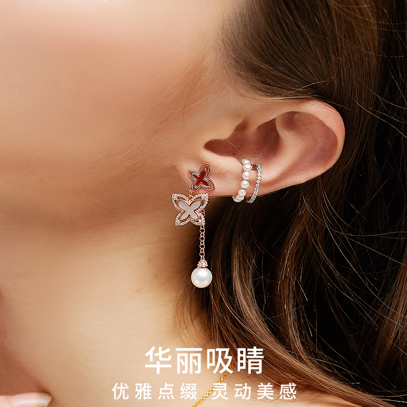 GTM不对称珍珠蝴蝶贝母耳环女纯银ins小众设计一款两戴耳饰送女友 - 图0