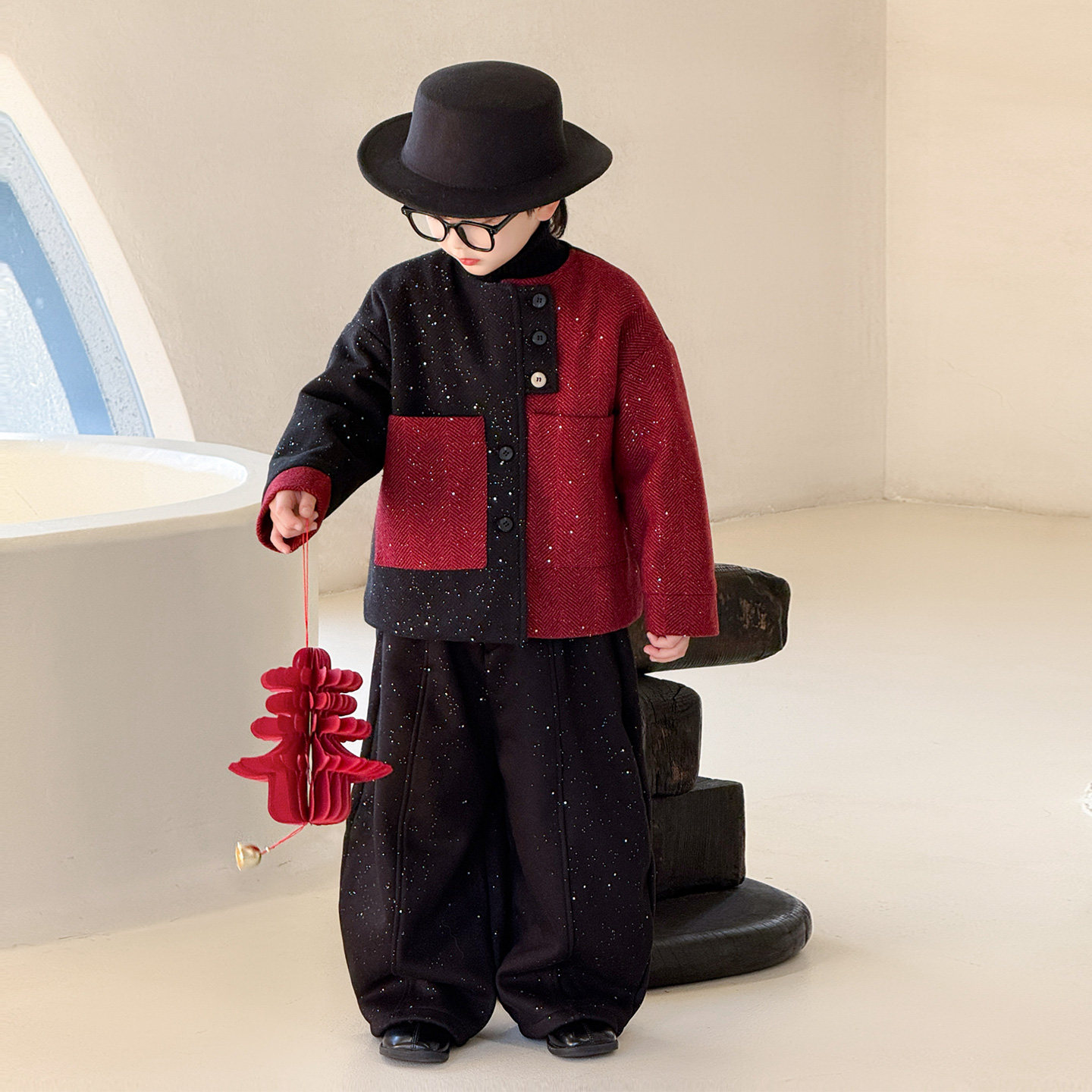 男童小香风亮片外套2025秋冬加厚儿童韩系细闪撞色新年毛呢外套潮,淘宝优惠券,粉丝福利购,淘宝优惠卷