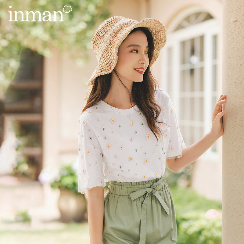 茵曼短袖2020年新款女刺绣宽松t恤 茵曼翰飞T恤