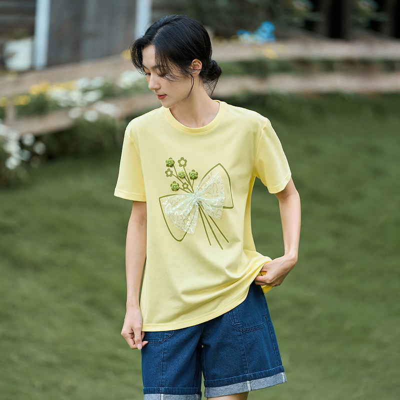 茵曼蝴蝶网纱印花拼接短袖2022 t恤 茵曼田田极客T恤