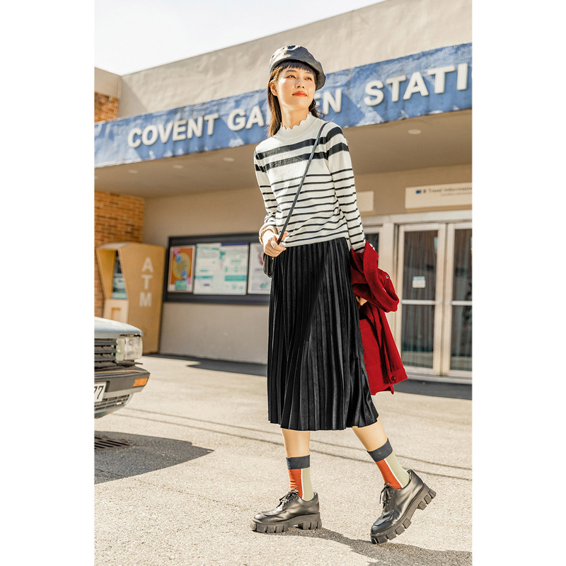 茵曼金丝绒百褶亮面2020秋冬半身裙 茵曼田田极客半身裙