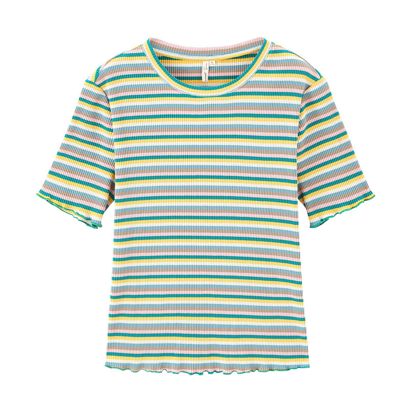 茵曼旗舰店彩虹条纹短袖女2020 t恤 茵曼田田极客T恤
