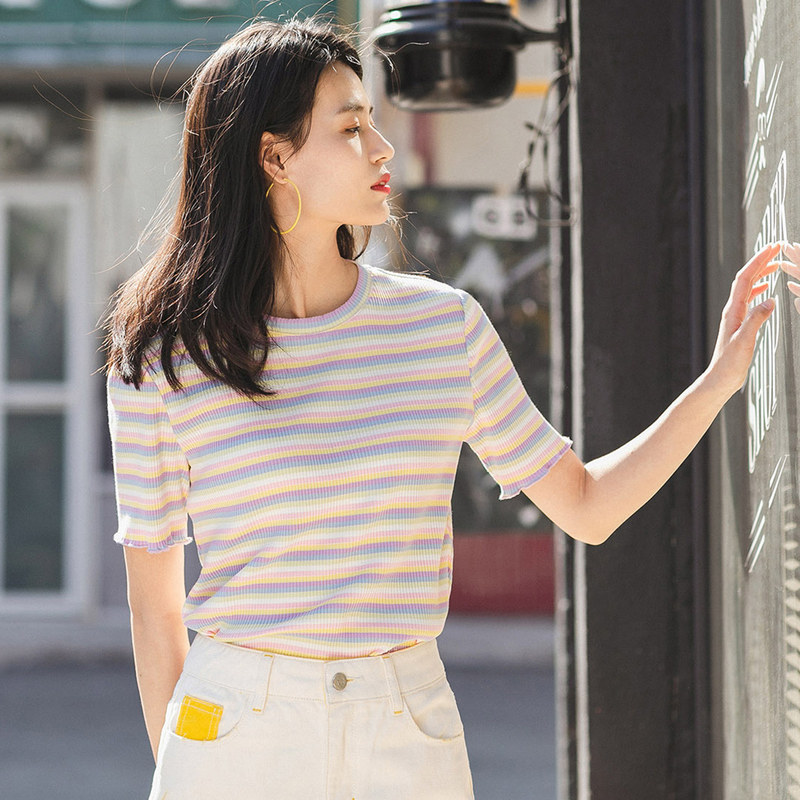 茵曼旗舰店彩虹条纹短袖女2020 t恤 茵曼田田极客T恤