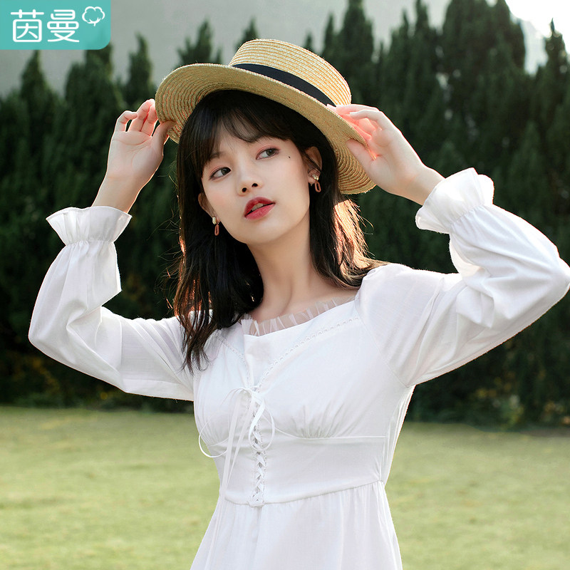 茵曼方领温柔系法式复古早仙女裙子 茵曼翰飞连衣裙