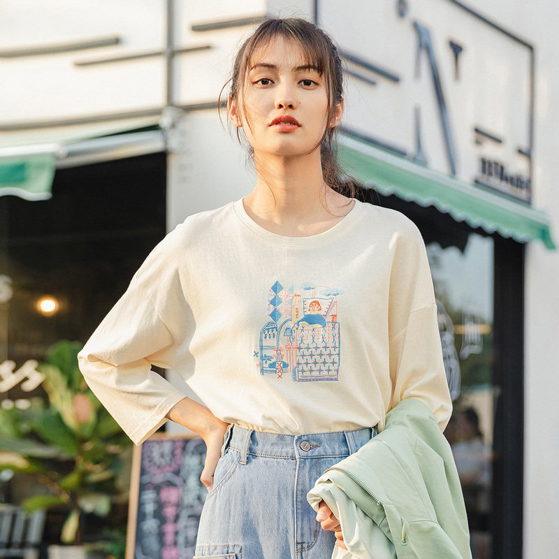 茵曼旗舰店2020春夏新款中袖打底衫 茵曼翰飞T恤