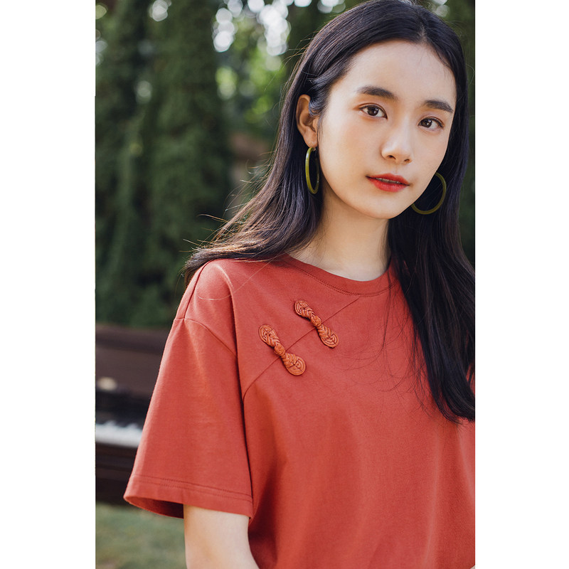 茵曼旗舰店盘扣上衣国潮中国风短袖 茵曼翰飞T恤