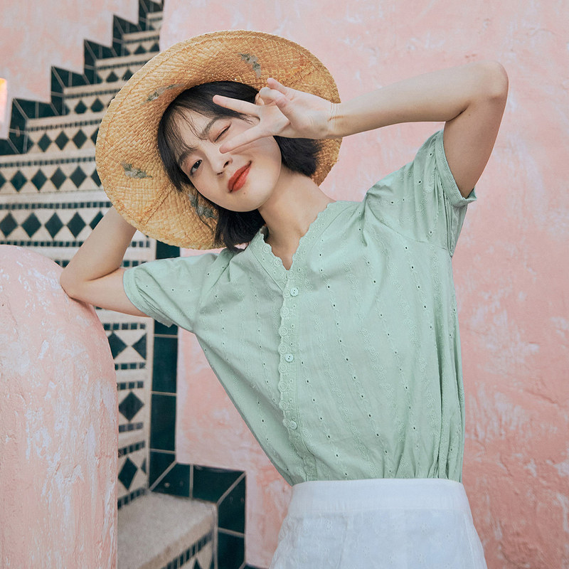 茵曼短袖女设计感小众2020夏装衬衫 茵曼筱茵衬衫