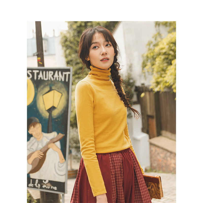 茵曼旗舰店纯色堆堆领修身薄款毛衣 茵曼名聚天成毛针织衫