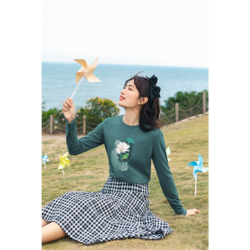 茵曼旗舰店纯棉t恤女长袖打底衫 茵曼筱茵T恤