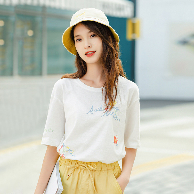 茵曼官方旗舰店夏装纯棉大圆领t恤 茵曼翰飞T恤