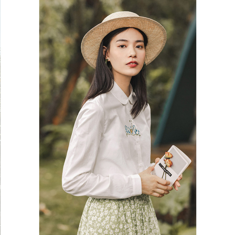 茵曼旗舰店娃娃领长袖衬衣纯棉衬衫 茵曼筱茵衬衫