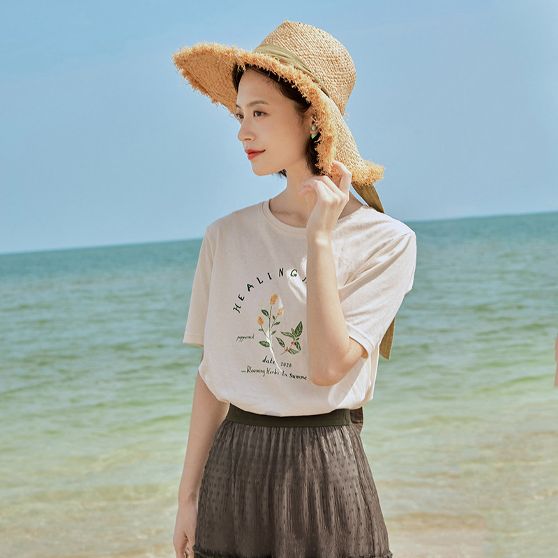 茵曼旗舰店纯棉印花短袖2020 t恤 茵曼筱茵T恤