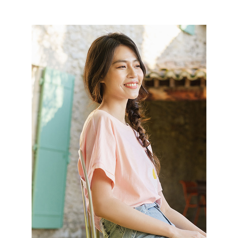 茵曼旗舰店特价清仓粉色大短袖t恤 茵曼翰飞T恤