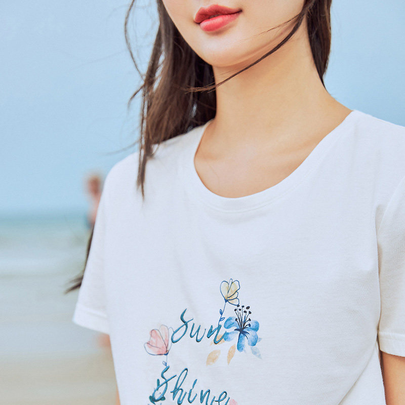 茵曼旗舰店茵蔓纯棉大领口半袖t恤 茵曼翰飞T恤