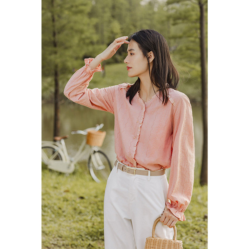 茵曼甜美风设计感花边长袖秋季衬衫 茵曼田田极客衬衫