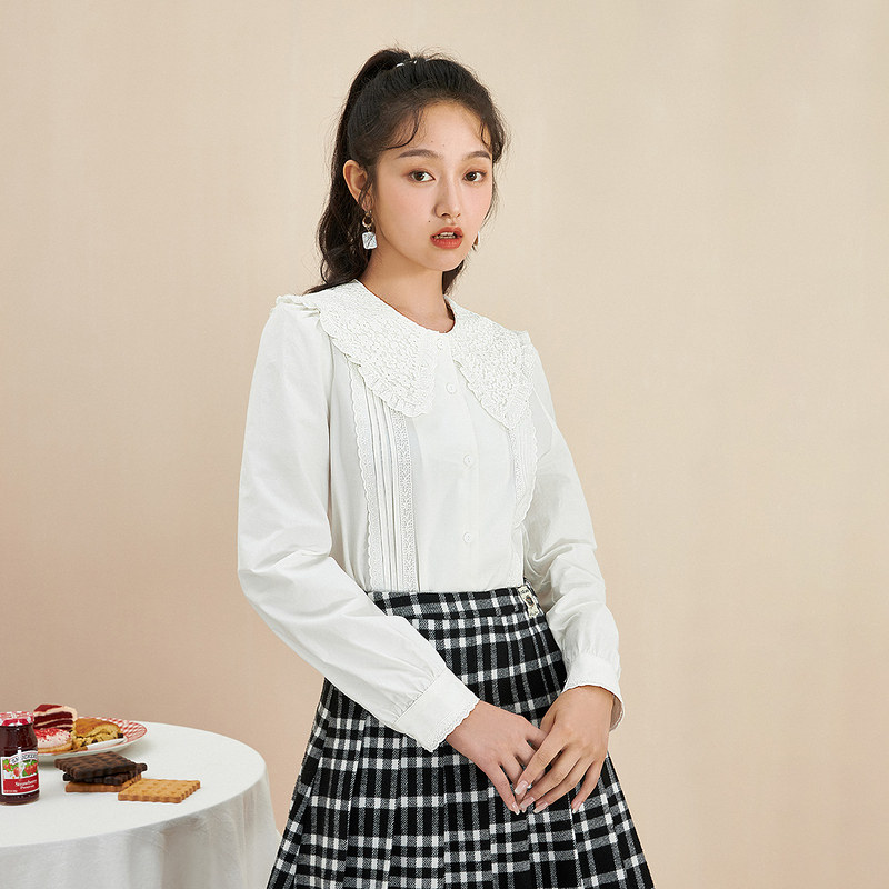 茵曼旗舰店全棉女长袖2022白衬衫 茵曼筱茵衬衫