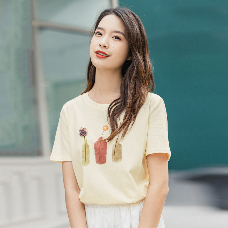 茵曼旗舰店短袖纯棉2020夏装t恤 茵曼翰飞T恤