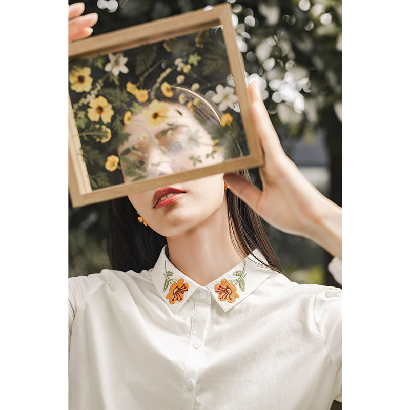 茵曼旗舰店绣花女长袖衬衣纯棉衬衫 茵曼筱茵衬衫