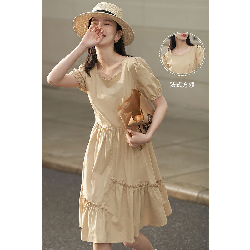 茵曼法式方领茶系女泡泡袖夏连衣裙 茵曼翰飞连衣裙
