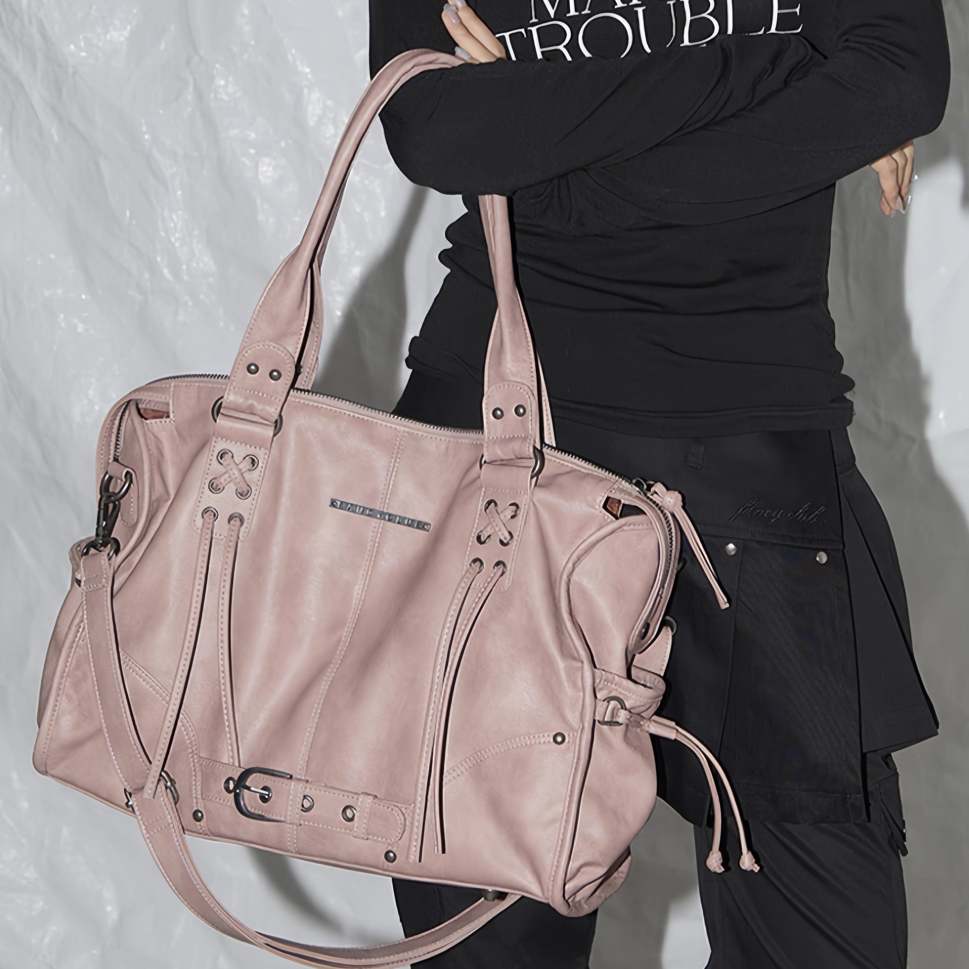 韩国雪允同款FANCY CLUB托特包绑带机车女包大容量单肩手提斜挎包,淘宝优惠券,粉丝福利购,淘宝优惠卷