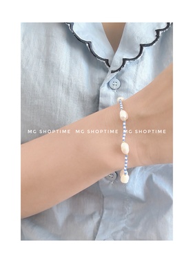 MG SHOPTIME韩小众设计天然淡水珍珠蓝色串珠弹力手链时尚手串