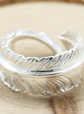 羽毛日韩风纯银手工商务开口戒指