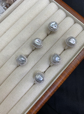 天然淡水巴洛克珍珠戒指925纯银包镶戒指可调节开口戒