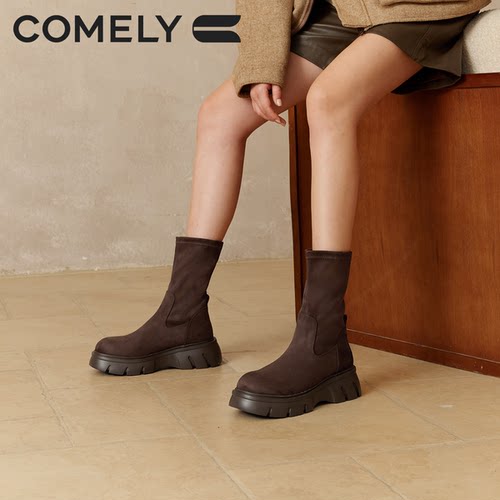 康莉厚底弹力瘦瘦靴女秋冬增高套筒靴复古百搭绒面靴短靴过膝长靴 - 图2