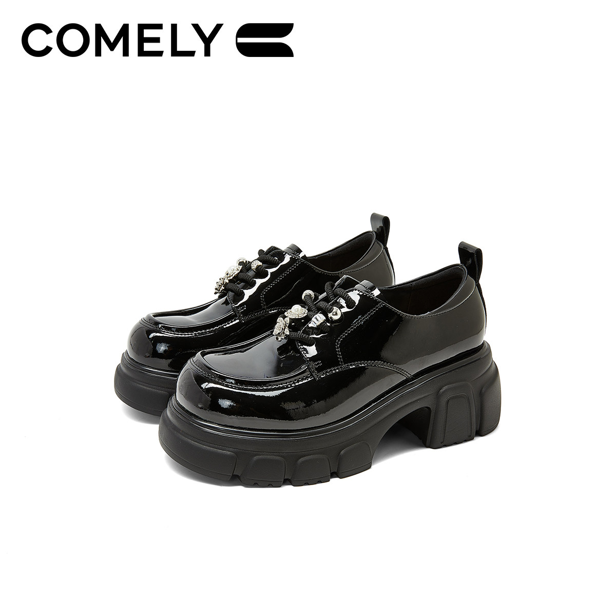 康莉厚底深口小皮鞋女26年春秋新款时尚系带圆头增高休闲漆皮单鞋,淘宝优惠券,粉丝福利购,淘宝优惠卷