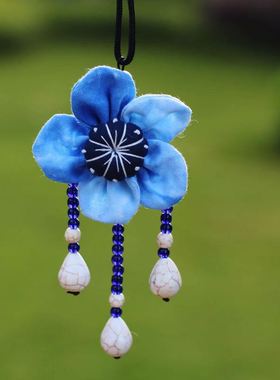 民族风蓝色扎染项链中国风挂饰长款百搭配饰文艺气质布艺毛衣链