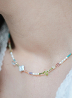 三合一草珍珠天然石串珠项链