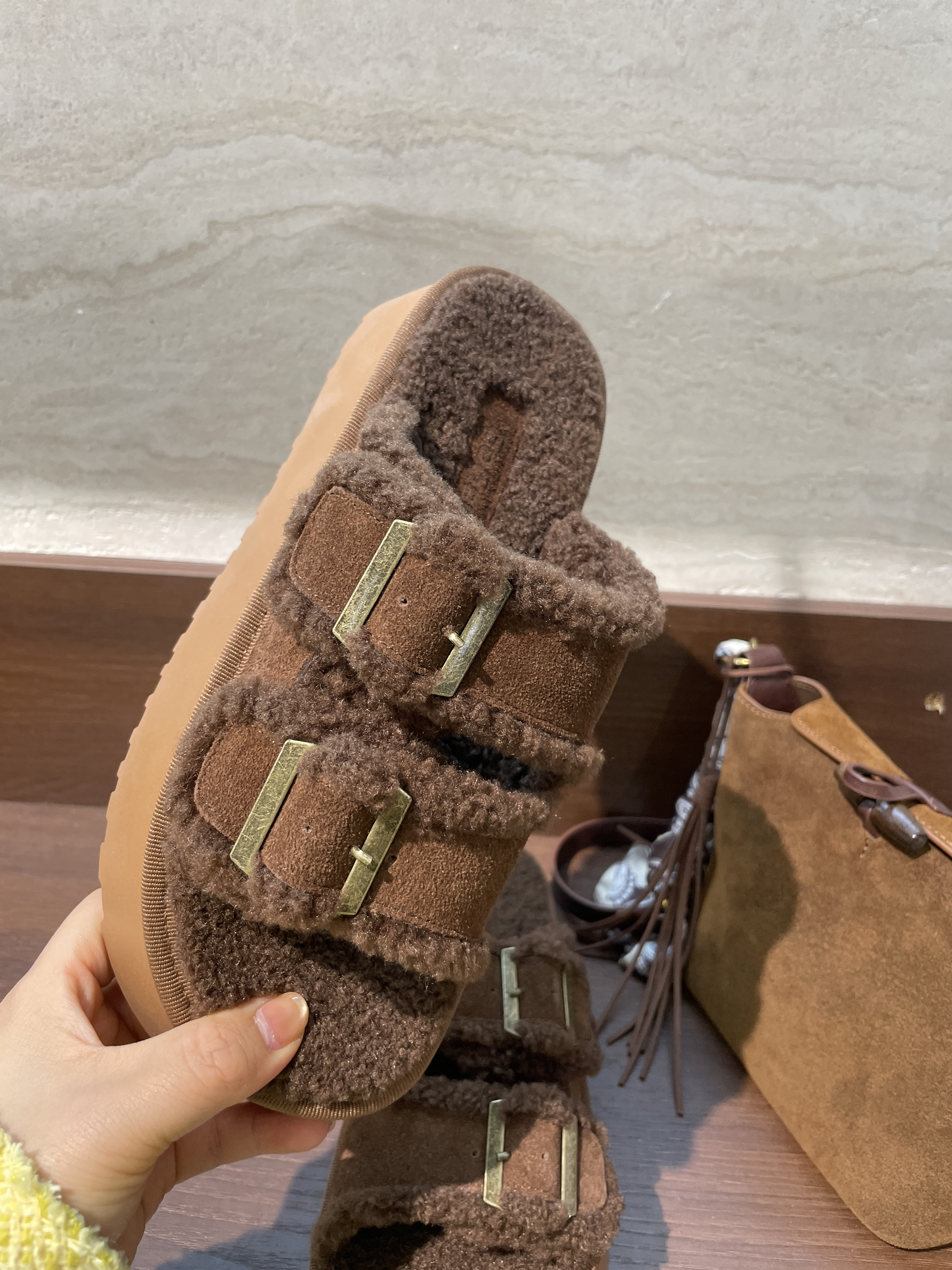 新款厚底一字拖增高外穿毛毛拖鞋女复古百搭松糕博肯鞋9033小E边 - 图2