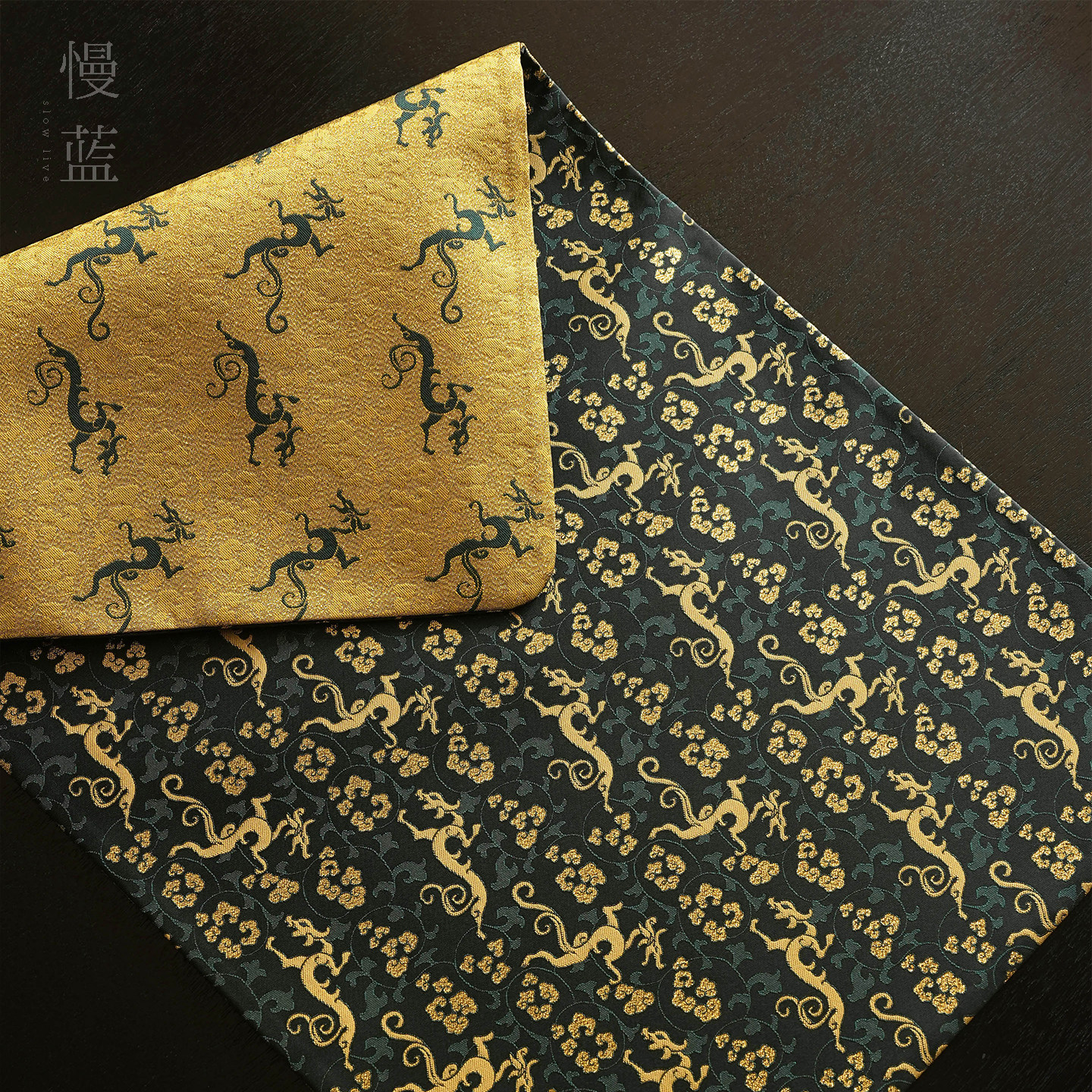 慢蓝 | 螭龙献瑞织锦双面印花茶席圆角中式布艺家用茶桌垫66*36cm,淘宝优惠券,粉丝福利购,淘宝优惠卷